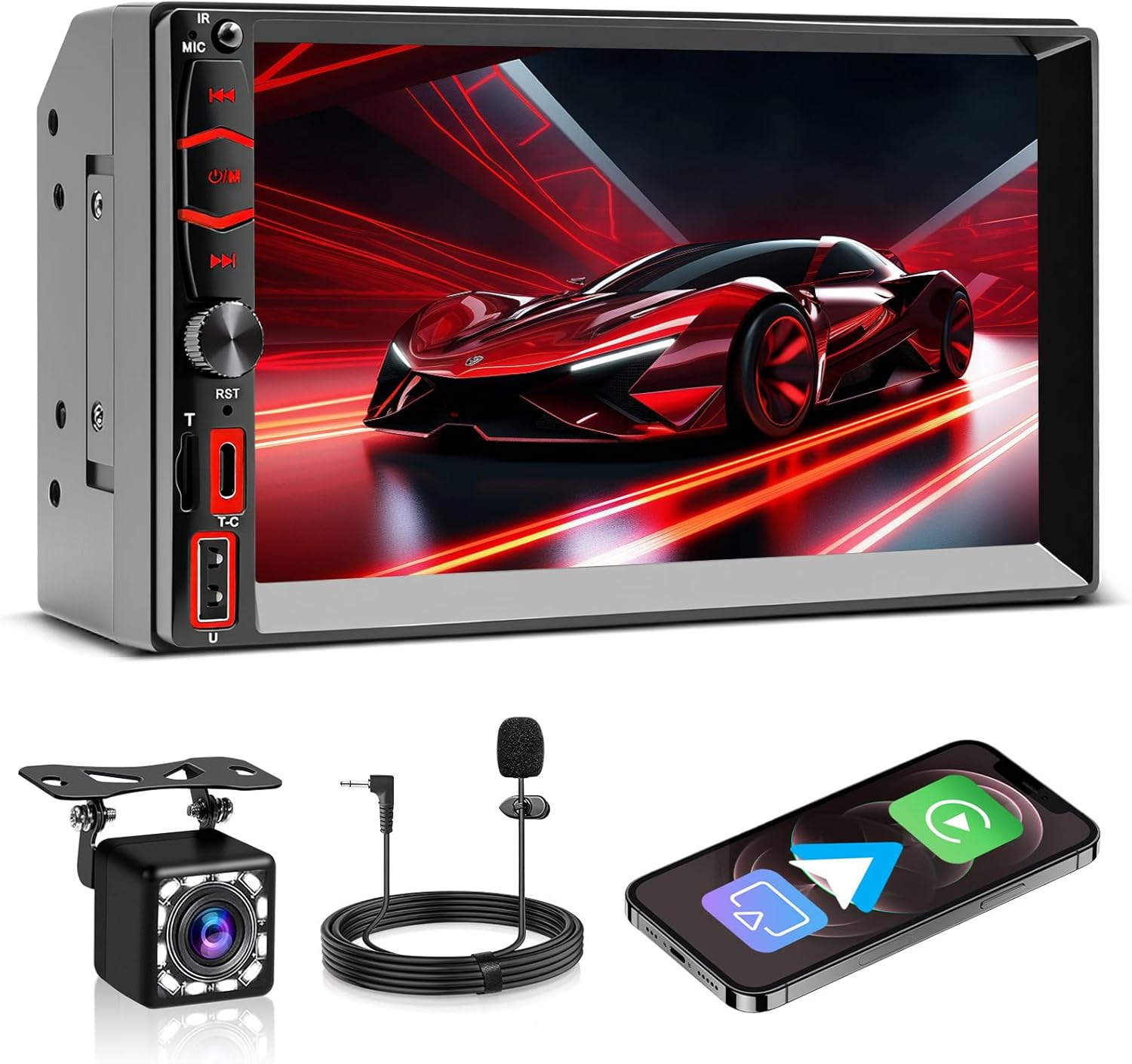 Wireless Double Din Car Stereo Apple Carplay Radio Screen for Car Audio Receivers, Bluetooth Car Play Android Auto Touchscreen, Mirror Link, Backup Camera, AM/FM, Type-C