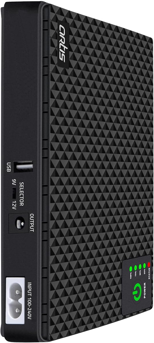 Artis AR-MINIDC-2 Mini UPS for WiFi Router/Modem/Set top Box Devices. 8800mAh Battery Supports 9V/12V-1A/1.5A/2A Routers. USB Port for Phone Charging, Battery Level Indicators. BIS Certified