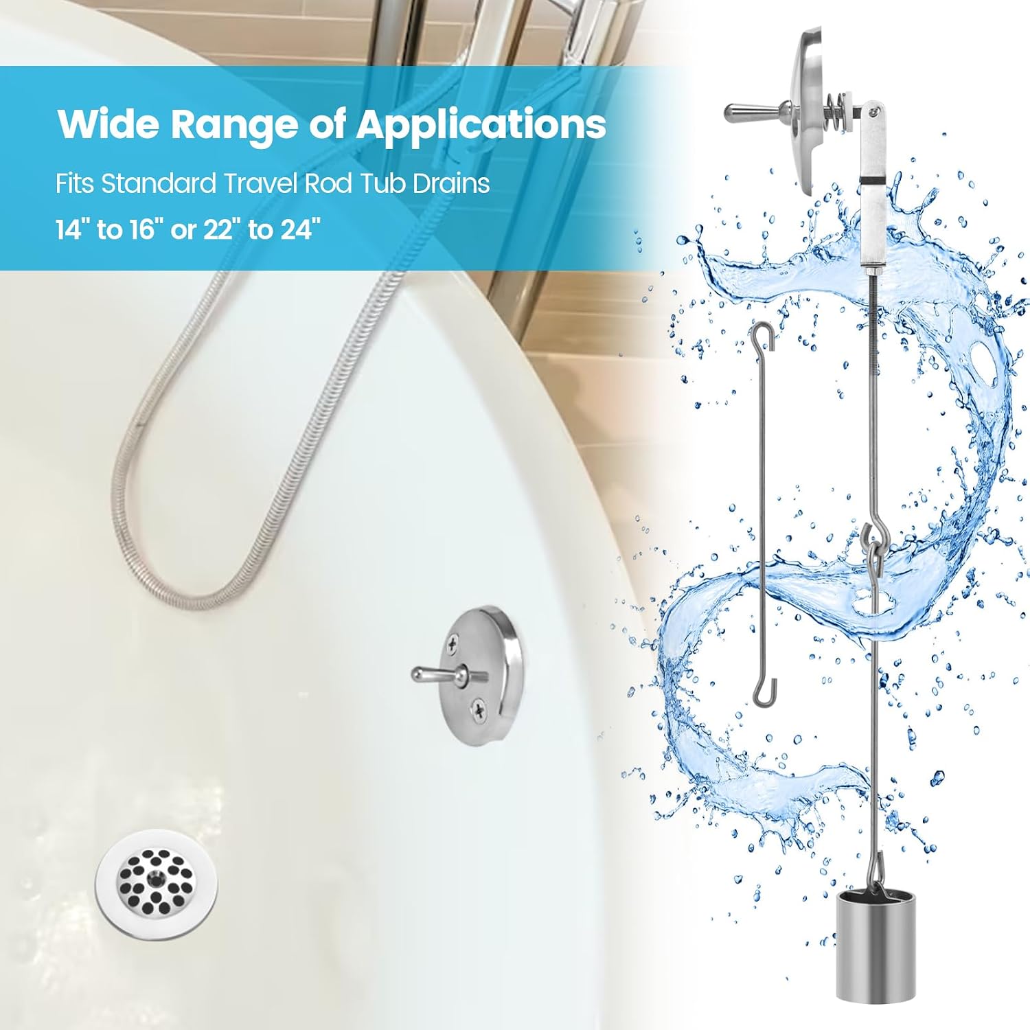 Tub Drain Kit, Bath Tub Drain Linkage Assembly with Trip Lever and Strainer Done Cove, All Components are Made of 304 Stainless Steel, Fit for Trip Lever Bath Tub Waste and Overflow Drain
