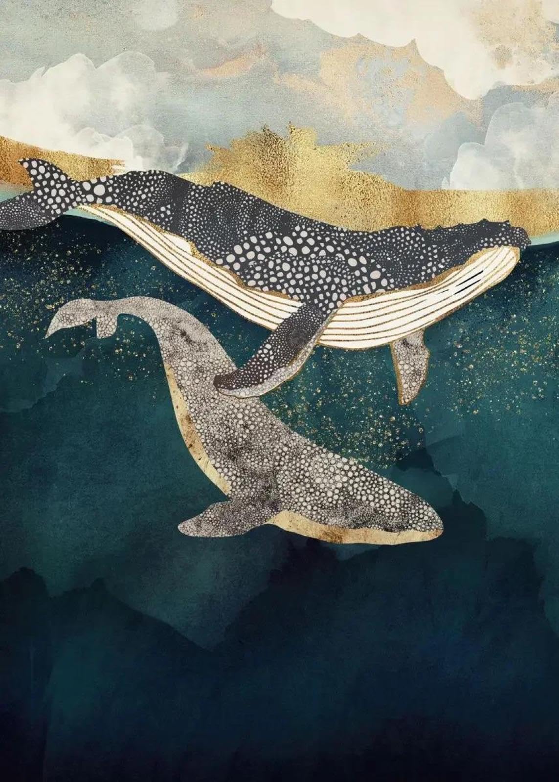 Baibexing Cartoon Humpback Whale Canvas Painting Underwater Waves Boat Blue Whale Dream Fantasy Poster Prints Living Room Home Decor A15 60X90Cm Unframed