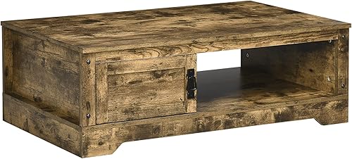 HOMCOM Mesa de centro rústica con almacenamiento, mesa de centro vintage para muebles de sala de estar, mesa de cóctel con gabinete, compartimentos