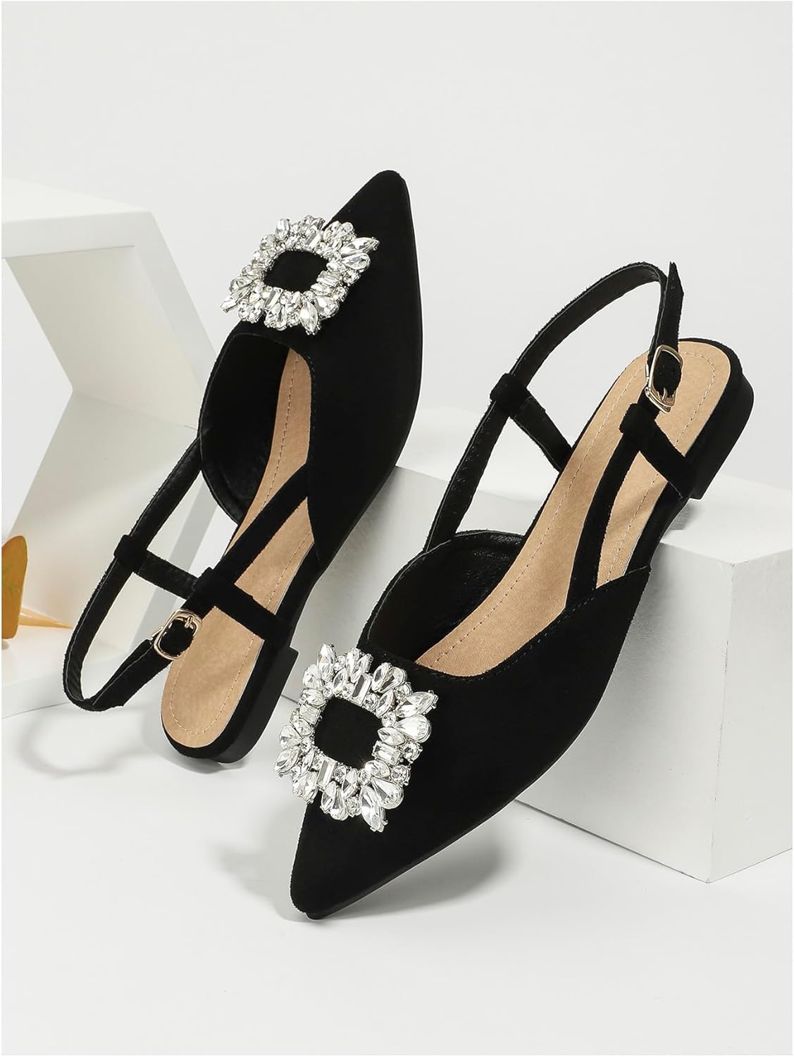 OYOANGLE Women's Rhinestone Decor Pointed Toe Slingback Flats Faux Suede Dress Sandals - Image 5