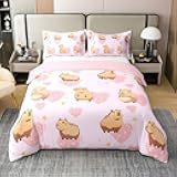 Erosebridal Capybara 100% Cotton Duvet Cover for Kids Boys Girls,Cartoon Animal Bedding Set,Pink Love Heart Bed Sets,Cute Capybara Quilt Cover with 1 Pillowcase Breathable,no Comforter,Twin