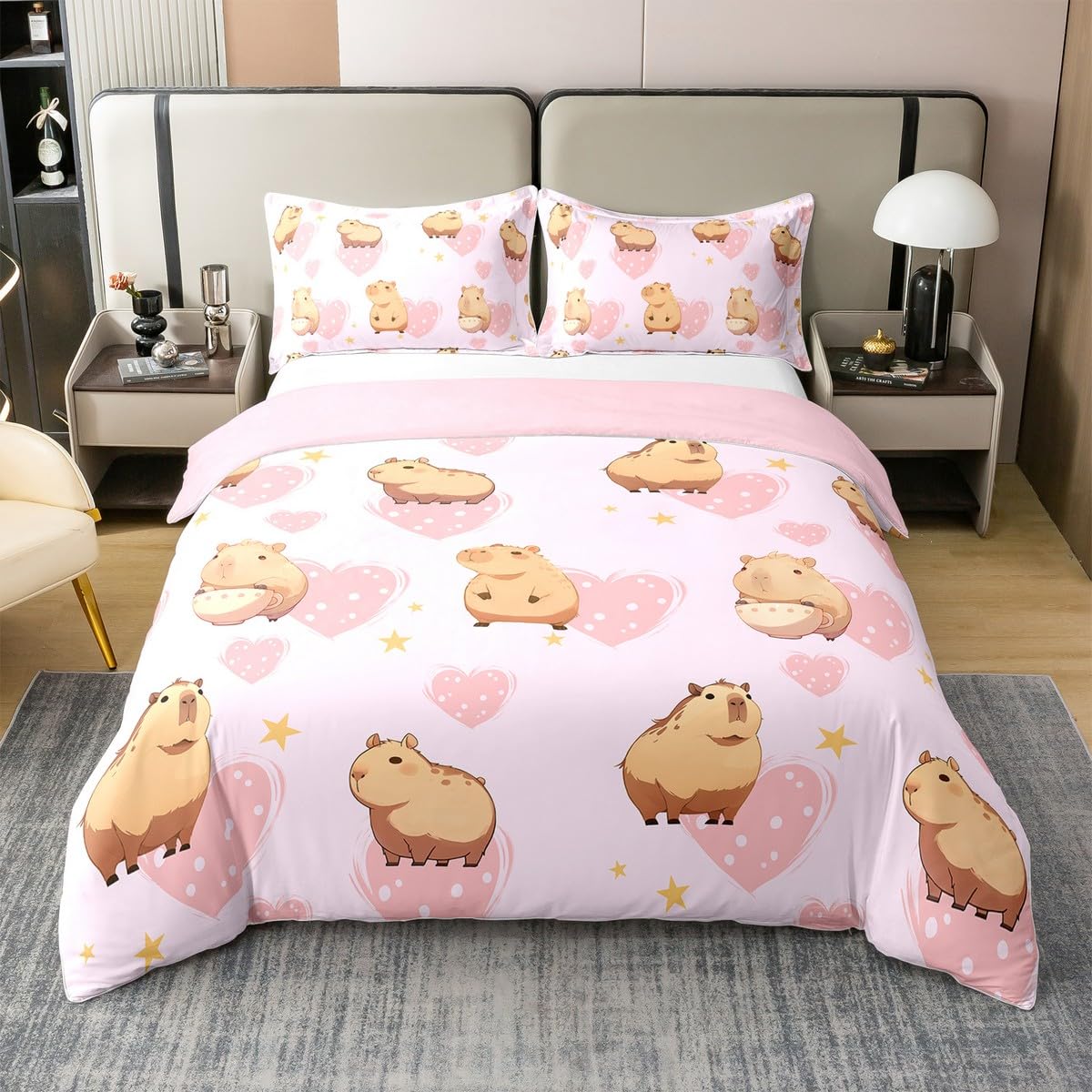 Parure de lit Capybara rose, idée cadeau d'anniversaire parfaite pour fille