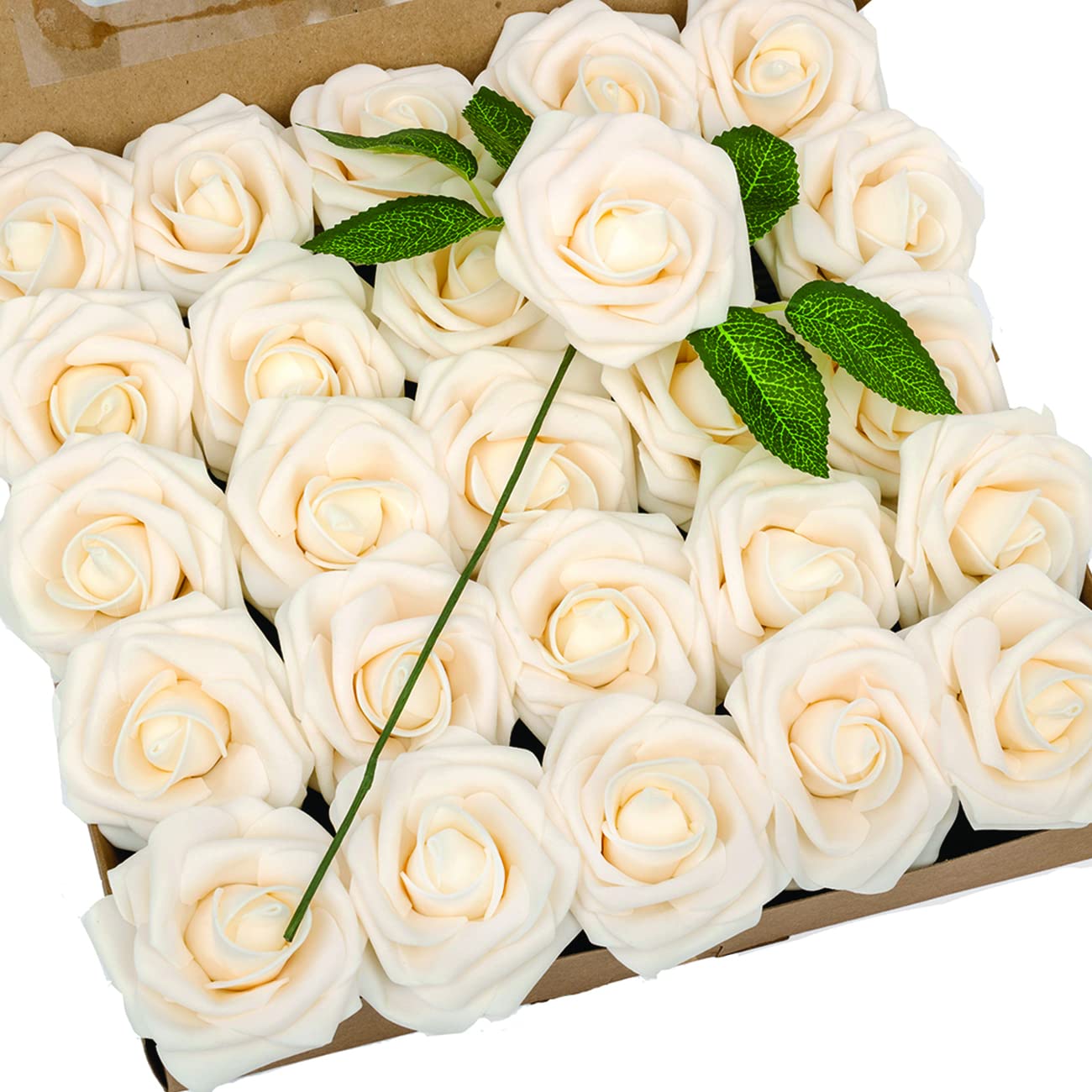 O2Colorful Foam Fake Cream Champagne Roses Artificial Flowers with Stems for DIY Wedding Bouquets Bridal Shower Centerpieces Wedding Decorations Reception 25Pcs Boxed