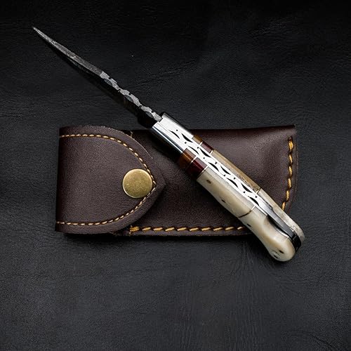 Miniatura 5 de Morf Industries Cuchillo de bolsillo de acero Damasco de hueso de camello para hombres, padrinos de boda, cuchillos de hoja plegable para él, hecho