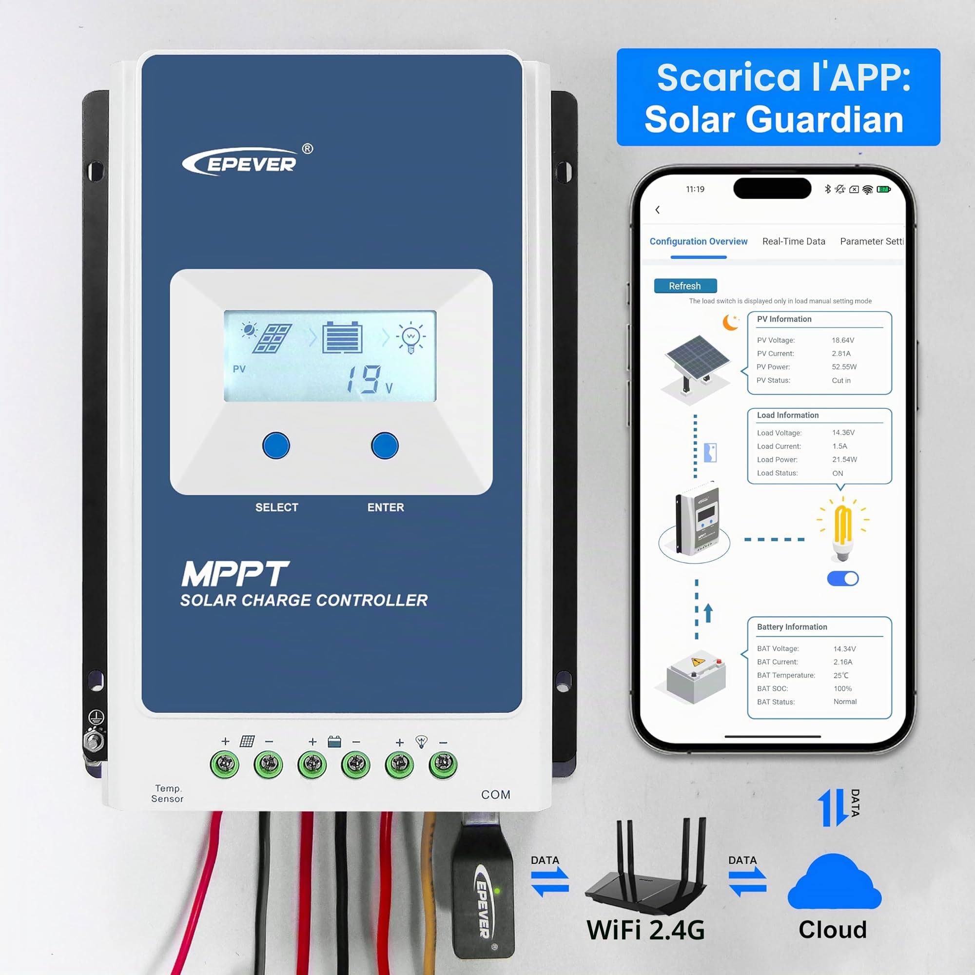 EPEVER MPPT Regolatore di carica solare 40A 12V 24V per pannelli solari auto Max PV 100V regolatore con adattatore WiFi APP set monitor