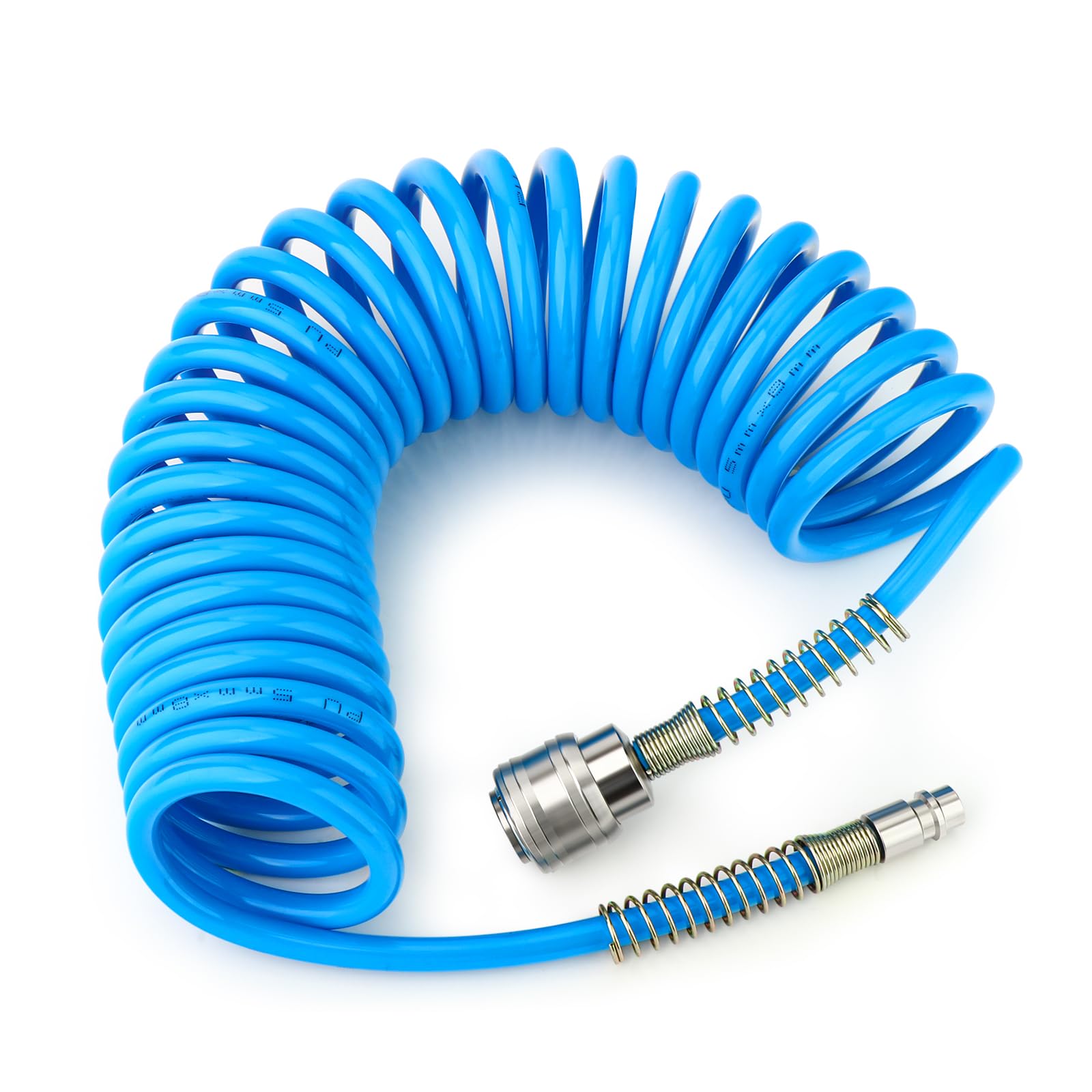GASHER 1/4" x 5m Polyurethane Recoil Air Hose 8mm OD with Bend Restrictor, 1/4" Europe Quick Coupler and Plug, for Air Compressor Blue