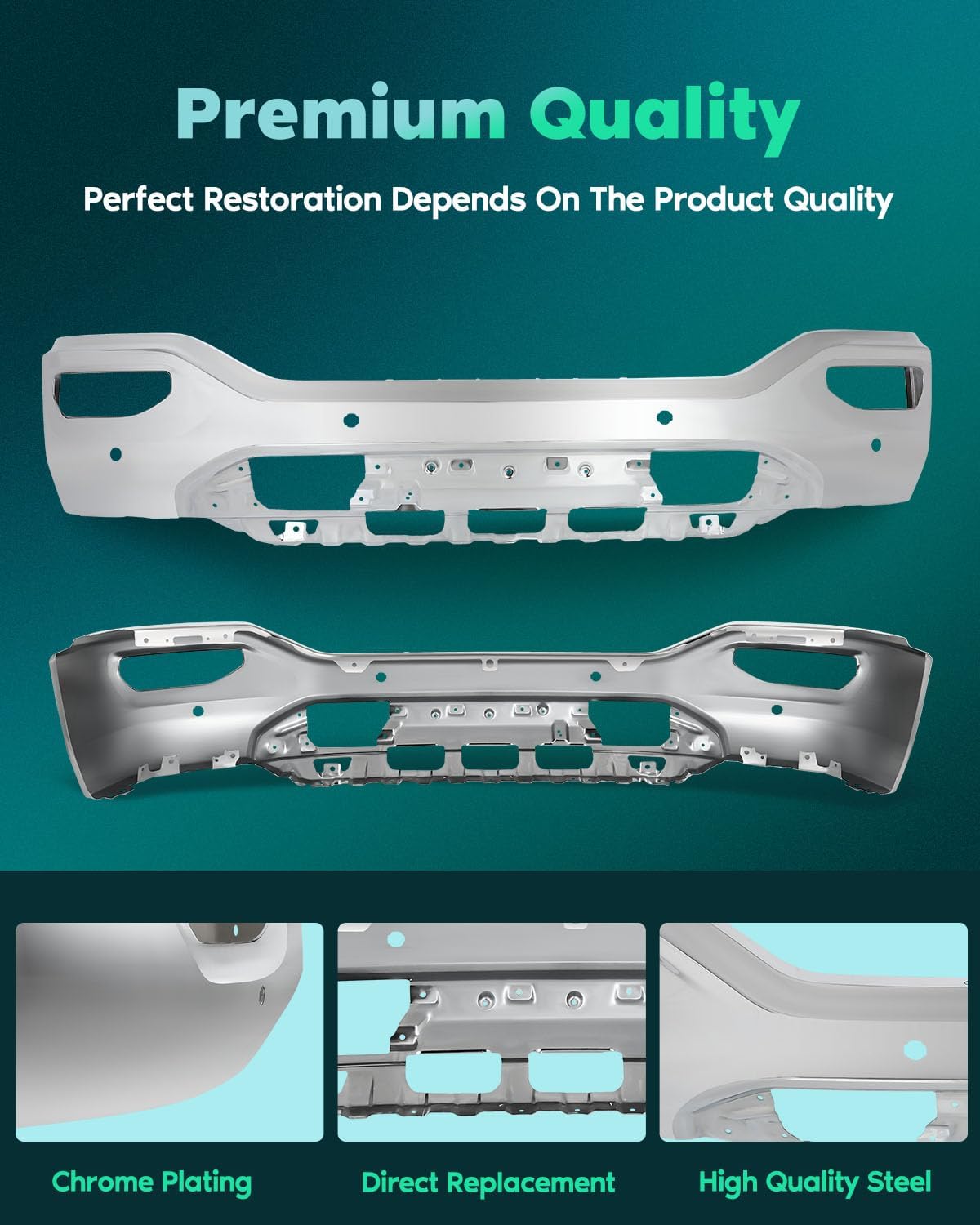 SCITOO Heavy Duty Steel Front Bumper Fit For 2016-2018 For GMC Sierra 1500,2019 For GMC Sierra 1500 Limited Chrome Bumper Comes With Parking Sensor Holes & With Fog Light Holes