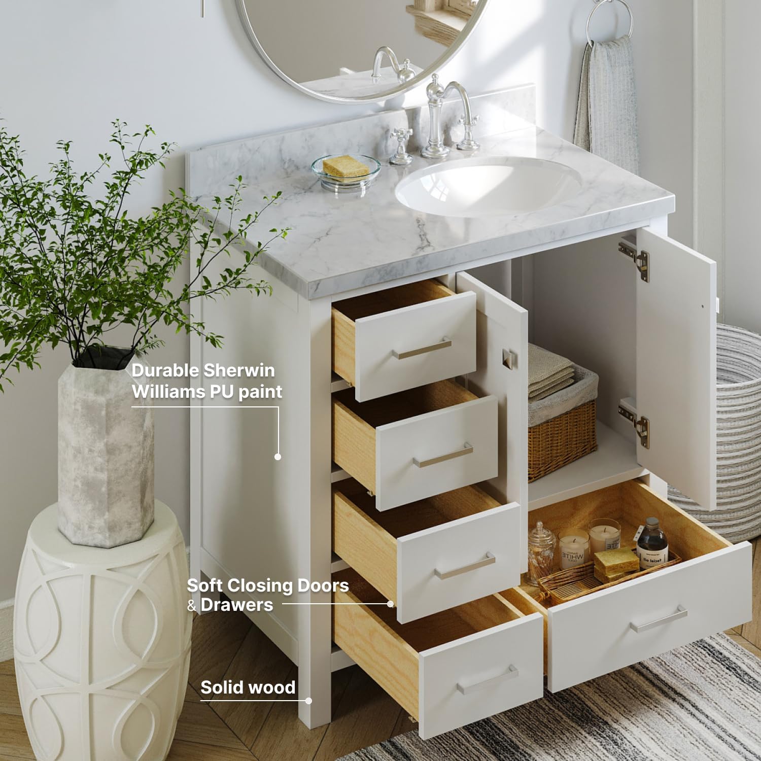 ARIEL Cambridge A037S-R-VO-WHT 37" Inch Single Right Offset Round Oval Sink Solid Wood White Bathroom Vanity Cabinet with 1.5" Inch Edge Carrara Marble Countertop and Backsplash