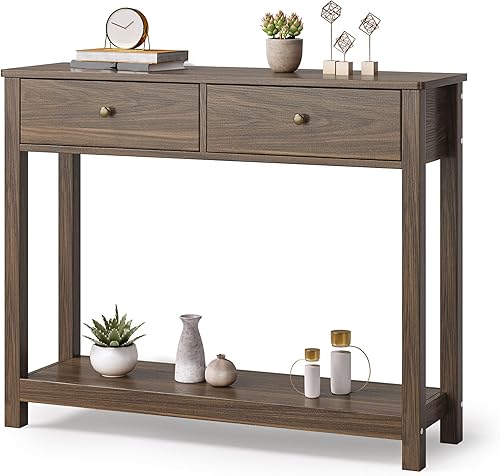 Miniatura 3 de Gizoon Mesa consola con 2 cajones, mesa de entrada de madera de 2 niveles con estantes de almacenamiento, mesa de sofá de madera de 39 pulgadas de