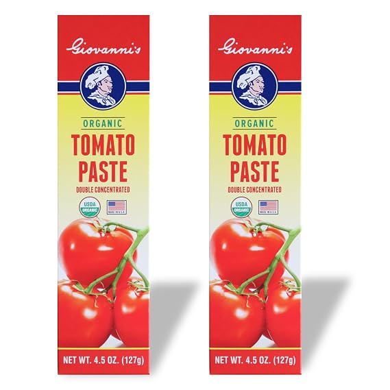 Giovannis Organic Double Concentrated Tomato Paste 2 Pack (4.5 oz Tubes) | Made in the USA with Vine-Ripened California Tomatoes, Non-GMO, No Additives, Rich Flavor