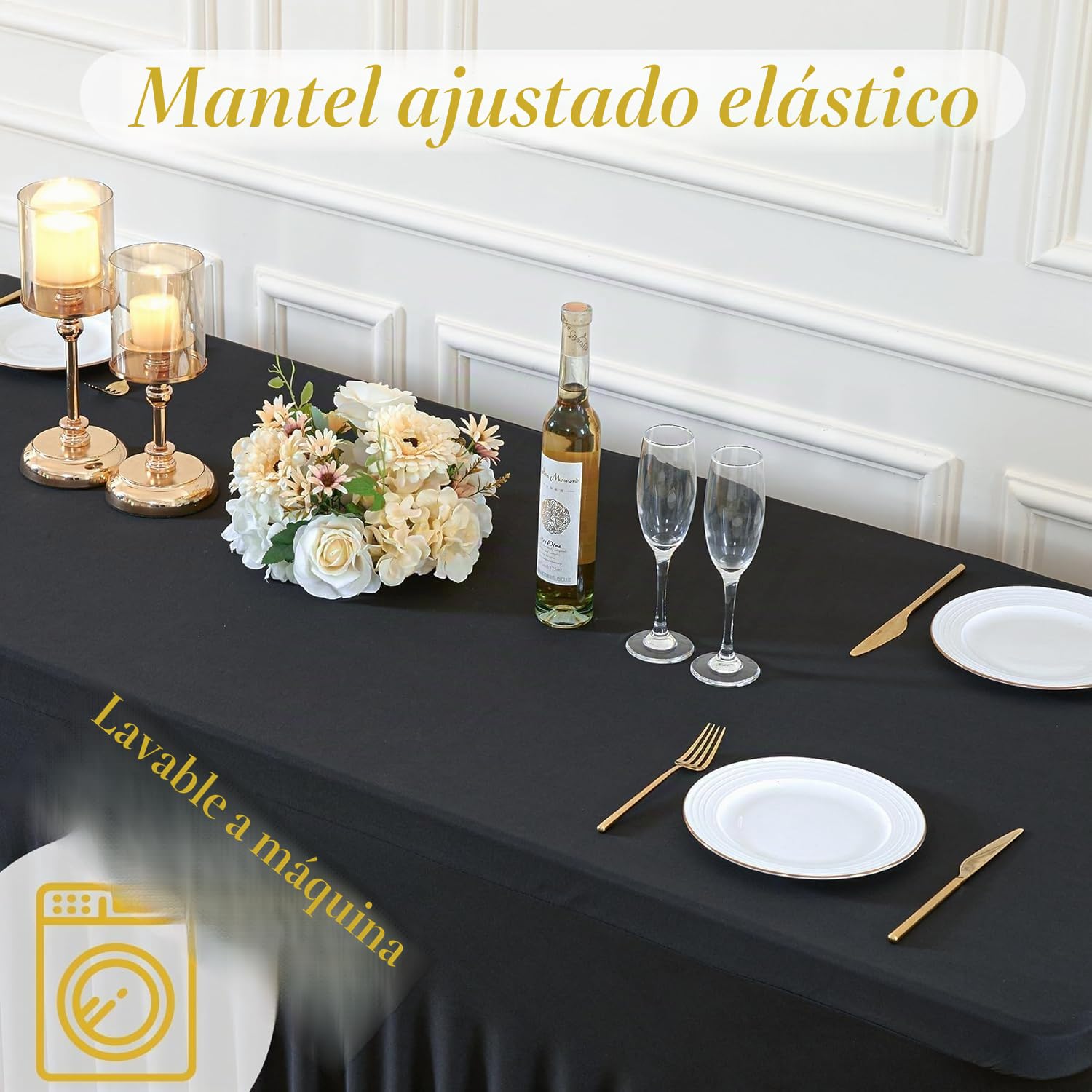 HB HBB MAGIC 4 Mantel de Falda de Spandex Negro para mesas rectangulares de 1,8 m, Mantel Negro elástico sin Arrugas, Falda de Mesa Plisada para Fiestas, Bodas de cumpleaños, duchas de bebés