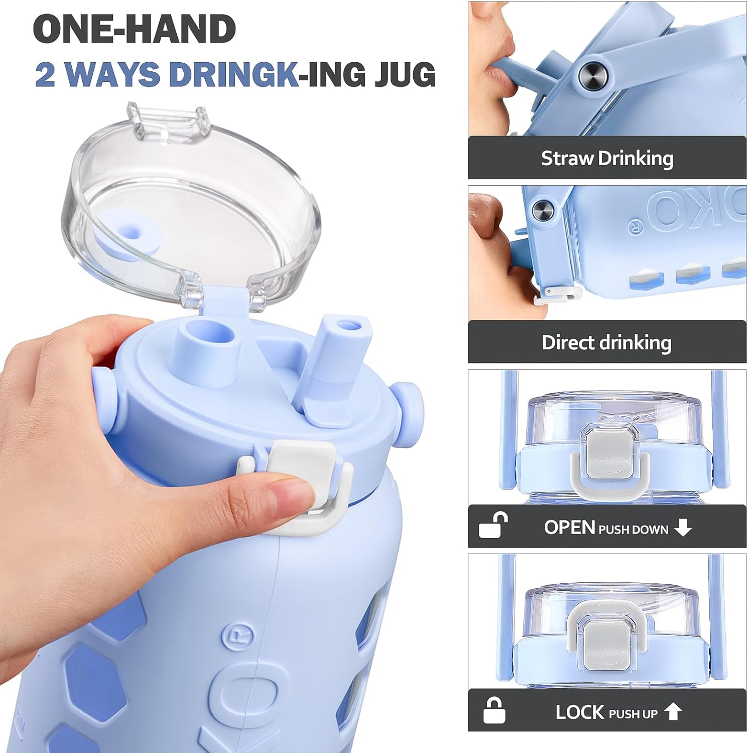 MUKOKO Half Gallon/64 oz Glass Water Bottles with Straw and Lid,Motivational Water Jug with Time Marker Reminder and Silicone Sleeve,100% Leakproof BPA Free Fitness Sports Large Bottle-Light Blue - Image 5