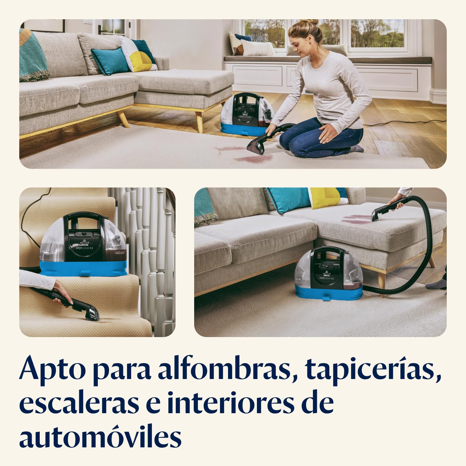 Bissell SpotClean C3, Limpiador Manchas Alfombras y Tapicería, Portátil, Triple Acción, Spray, Cepilla y Aspira, Limpieza Profunda para Alfombras, Escaleras e Interiores de Coche, 3619N