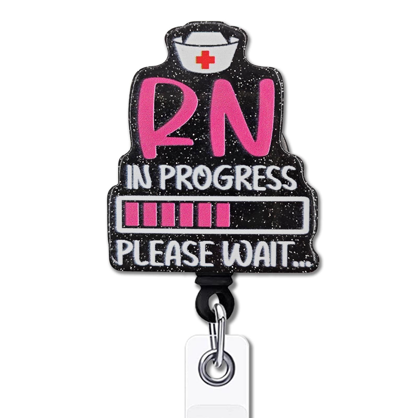 YAZMEEN Retractable Badge Reel With Alligator Clip - RN in Progress Please Wait ID Card Holder - Funny Black Glitter Gift for Nurse, Doctor, Student,