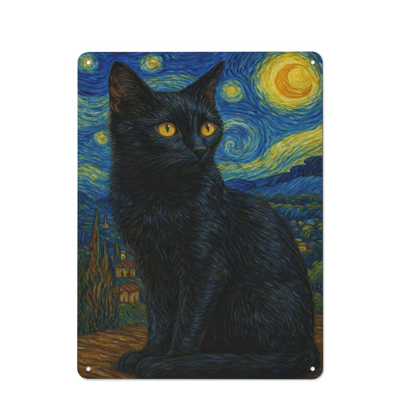 Country Country Metal Sign 40x30cm Featuring Black Cat in Starry Night, Rustic Kitchen Decor for Cottage, Kitchen, Hallway Or Breakfast Nook