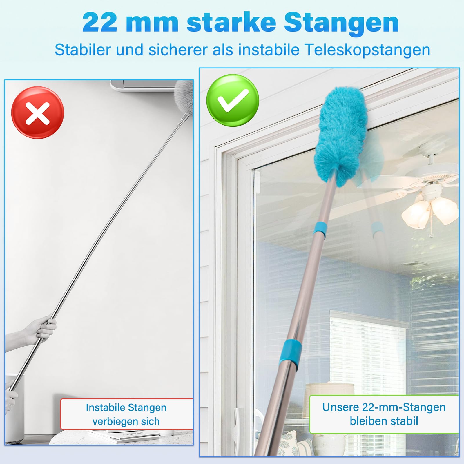 marysgift Staubwedel Teleskop,Staubwedel Lang Ausziehbar Waschbar Mikrofaser Duster Lang Ausziehbar Bis 310cm,Verbiegbare Staubfänger für hohe Decken Deckenventilator Unter Sofa Fenster Blau