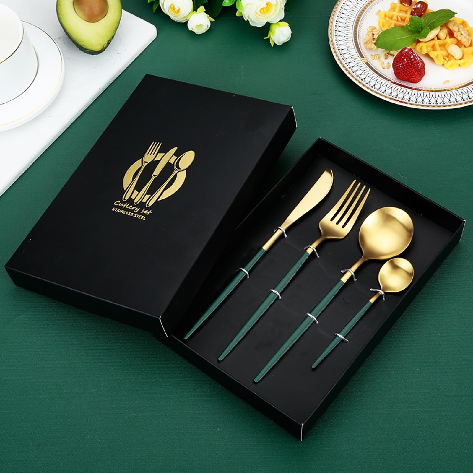VAODO 4 PCS Stainless Steel Cutlery Set, Include Knife/Fork/Spoon/Teaspoon, Camping Travel Utensils Set Cutlery, Mirror Polished, Gift Box, Dark Green Gold