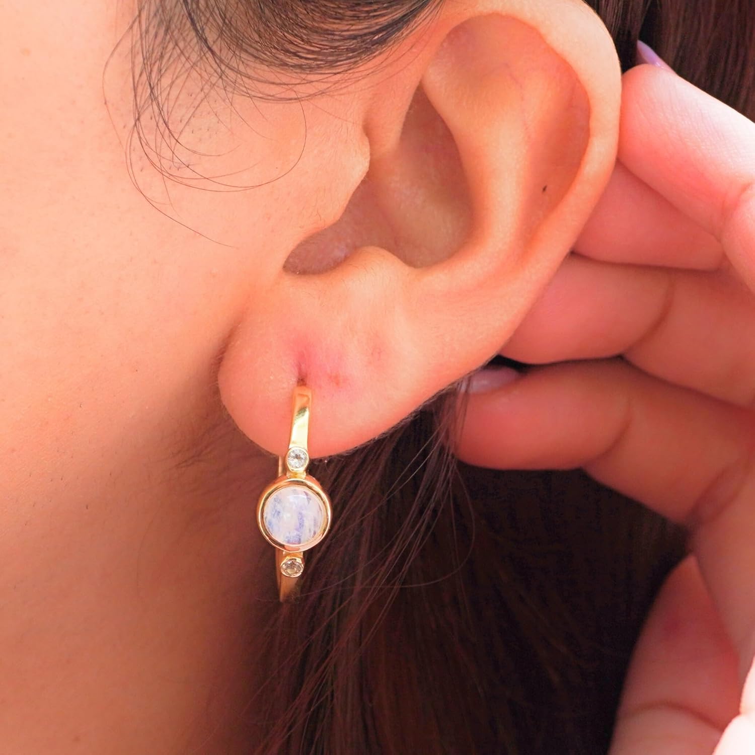 Dainty Hoop Earrings for Women - 925 Sterling Silver with 18K Gold Plating, Natural Gemstone & White Zircon Studded Mini Hoop Huggie Earrings, Everyday Jewelry Gift
