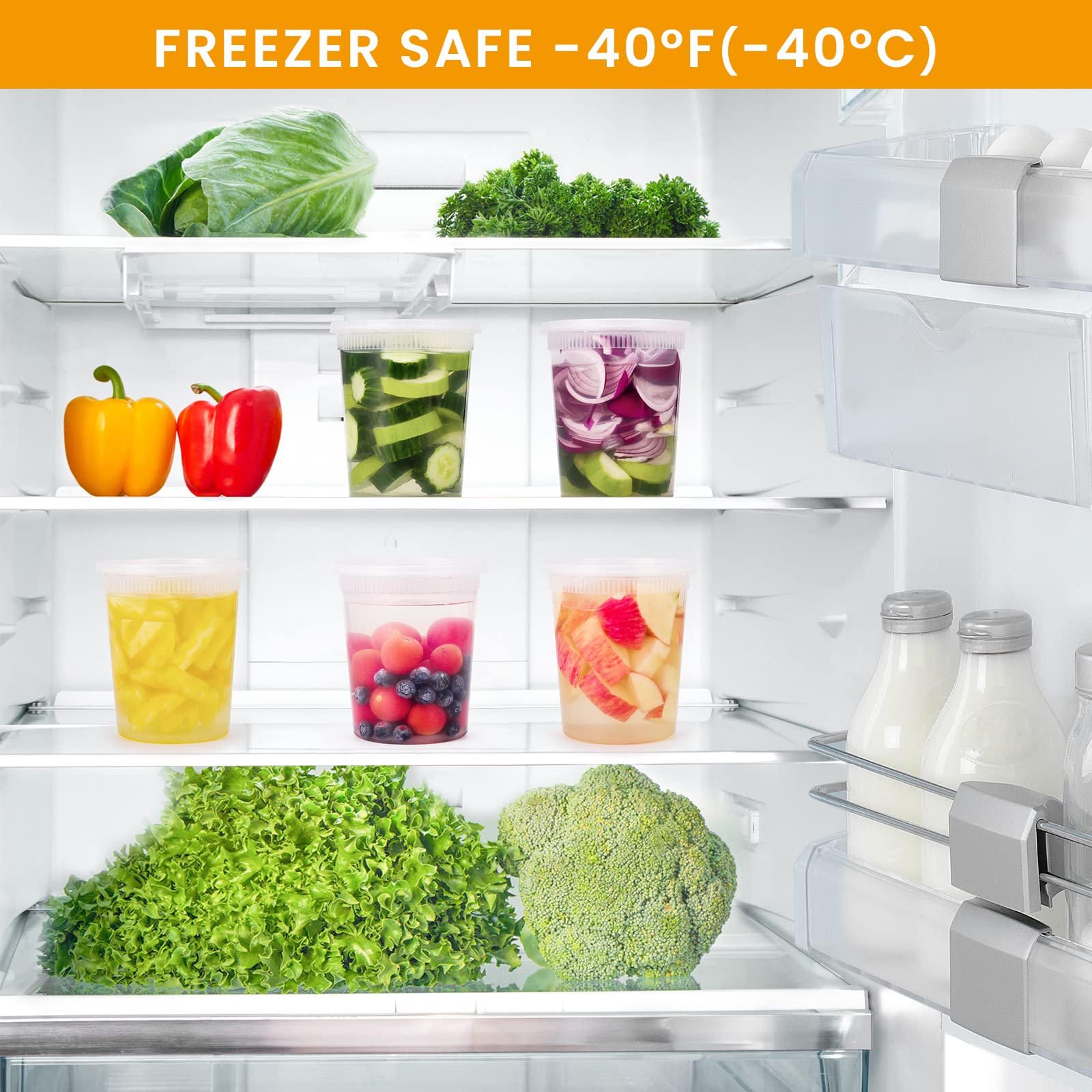 Kitch'nMore Plastikowe pojemniki na delikatesy z pokrywkami, 24-pak, przezroczyste wanny do przechowywania żywności z hermetyczną szczelną pokrywką do zupy, zanurzania, owoców, płatków śniadaniowych, sosów, opatrunku, zero BPA