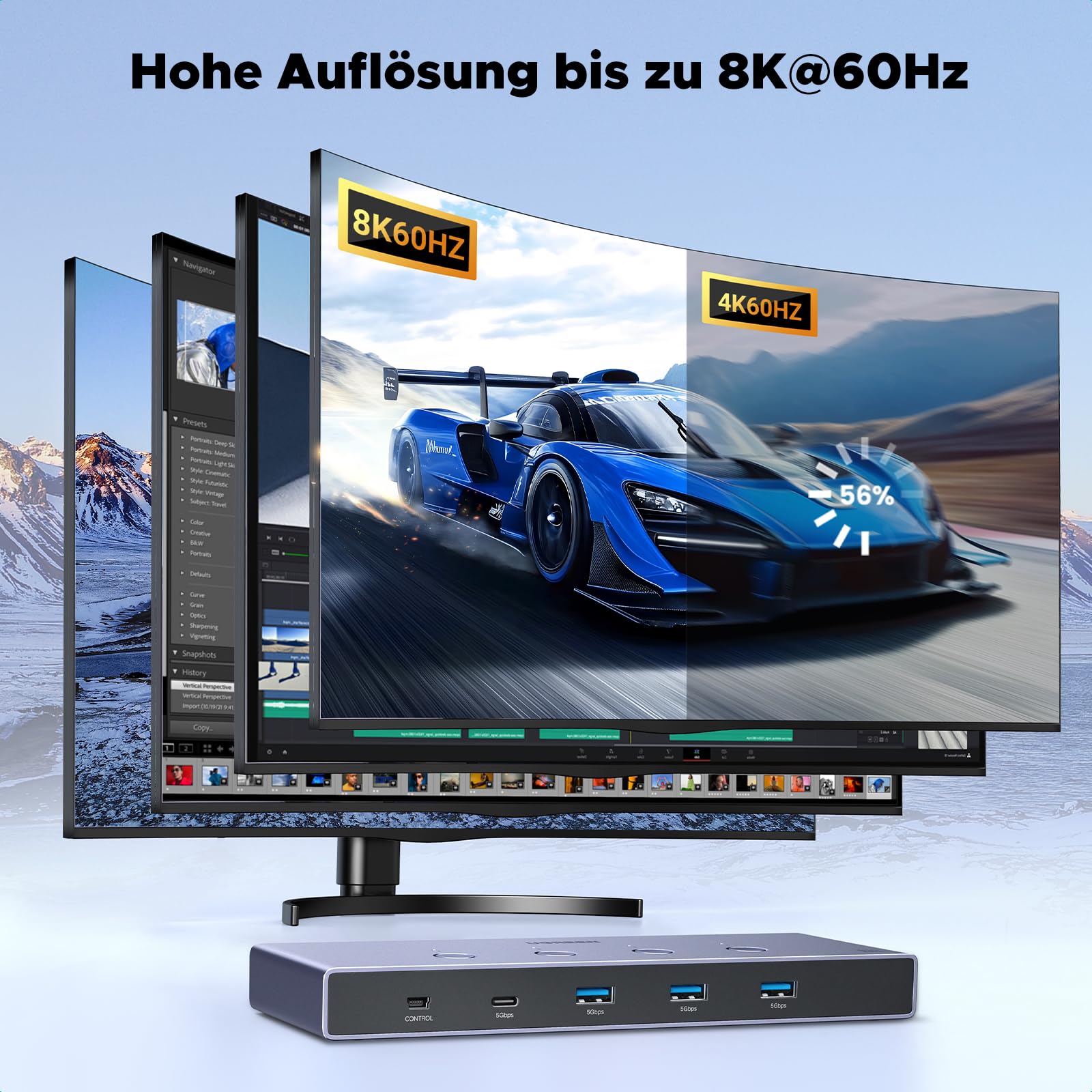 UGREEN HDMI 2.1 KVM Switch 4 In 1 Out 8K@60Hz USB 3.0 Switch 4 Ports 1 Monitor und Tastatur, Maus, Drucker, U Disk für 4PC