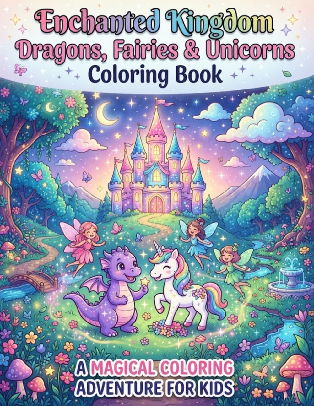 Enchanted Kingdom: Dragons, Fairies & Unicorns Coloring Book: 50 Magical Fantasy Pages with Castles, Wizards, Dragons, Fairies, Unicorns, and Enchanted Adventures for Kids Ages 4–8