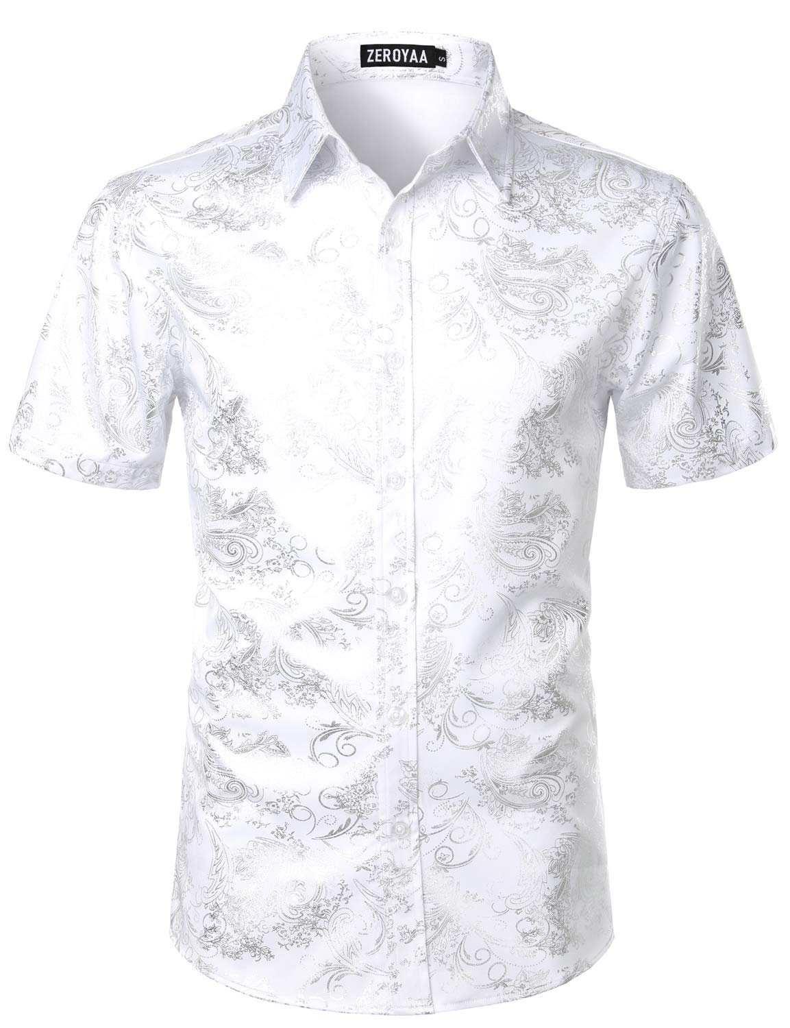 ZEROYAA Mens Luxury Paisley Shiny Printed Slim Fit Short Sleeve Button Up Dress Shirt
