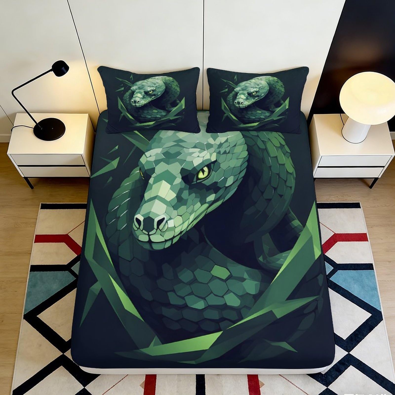 3D Printed Green Snake Fitted Sheet Microfiber Soft Breathable Jungle Leaves Mattress Cover for Bedroom Dorm Decor 90x200x25cm