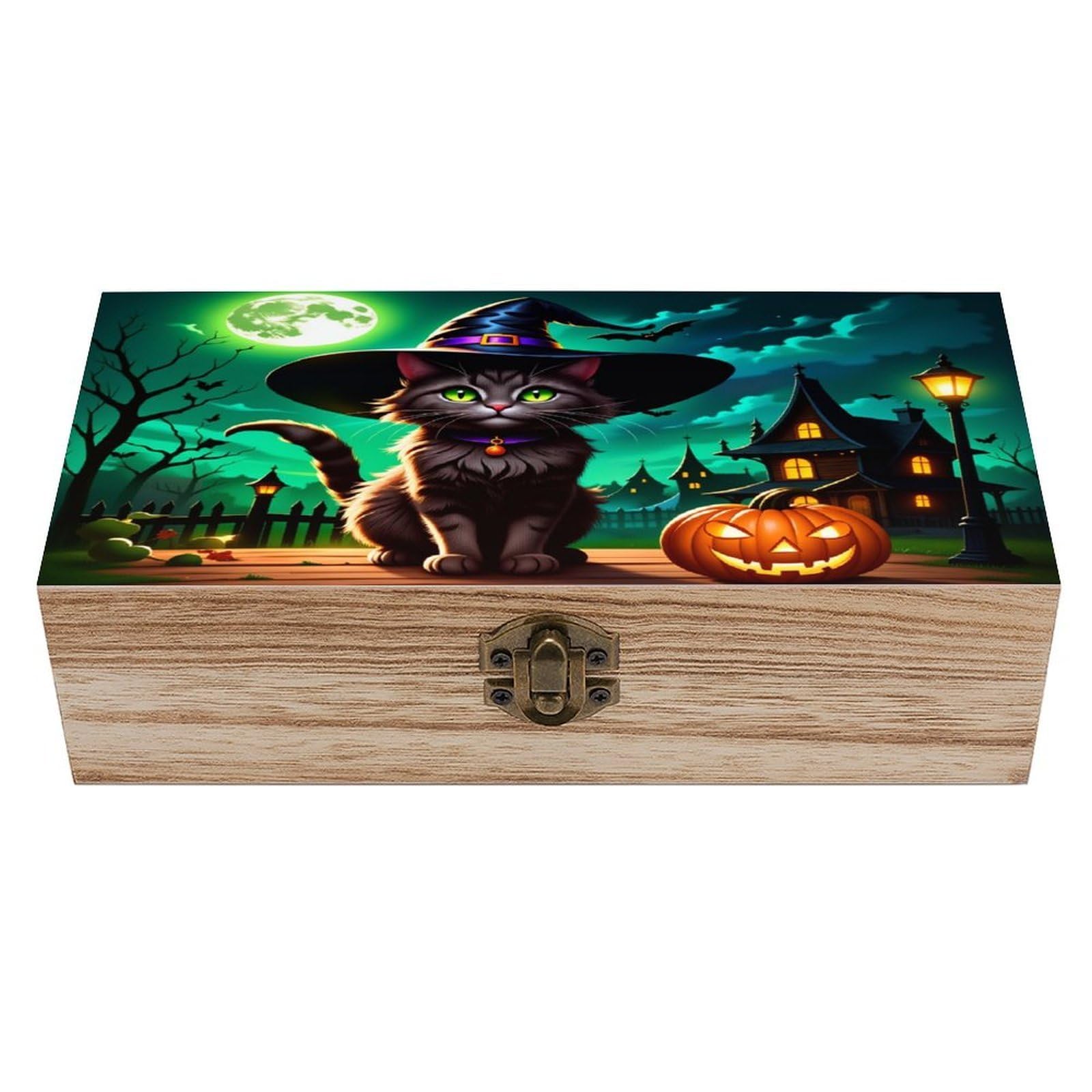 asbwuo Cute And Holy Witch Cat Night Scene Vintage Wooden Keepsake Box