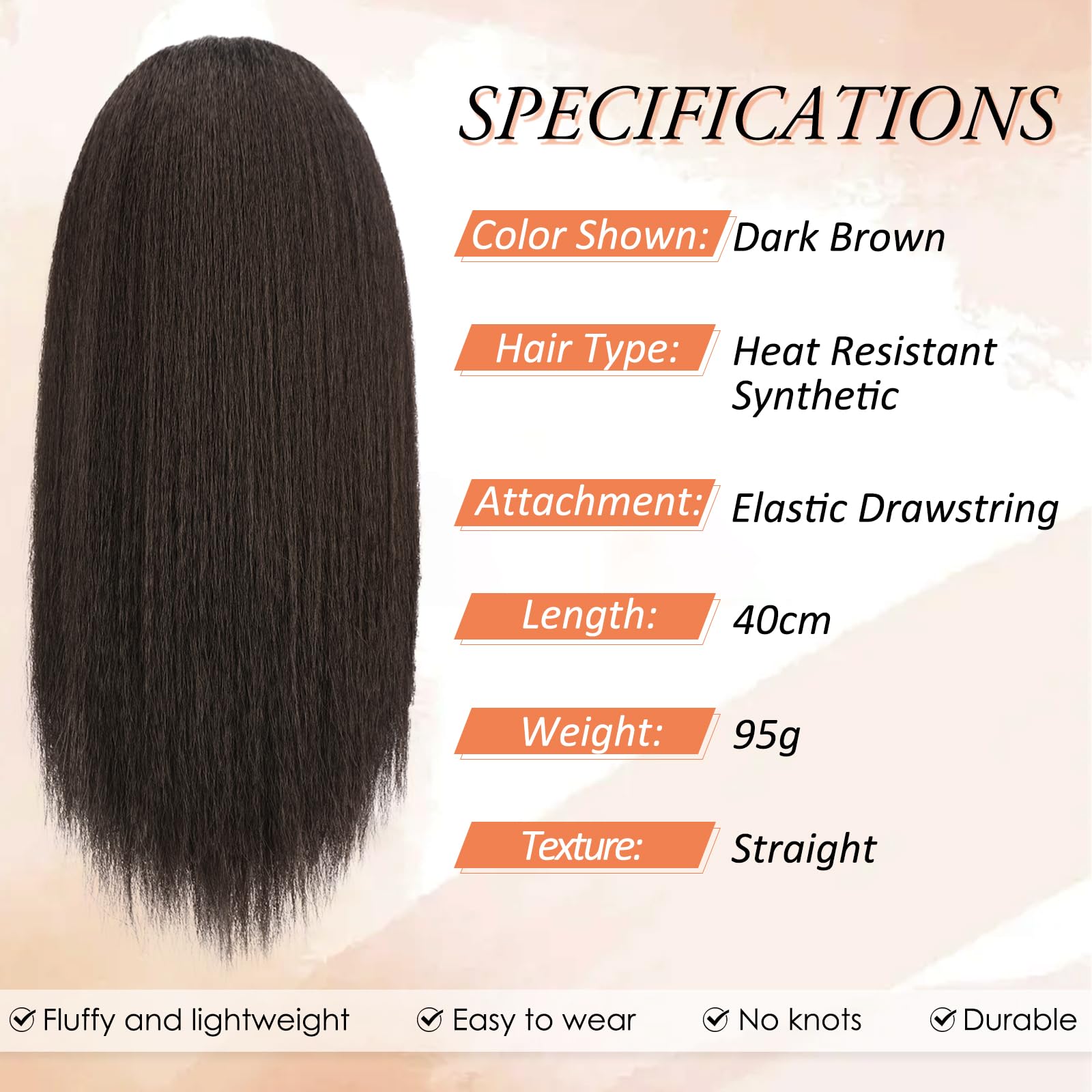 RUWISS Drawstring Ponytail for Black Women Yaki Straight Ponytail Hair Extension 16 Inch Thick Pony Tail Clip in Synthetic Ponytail Hairpiece Dark Brown - Image 2