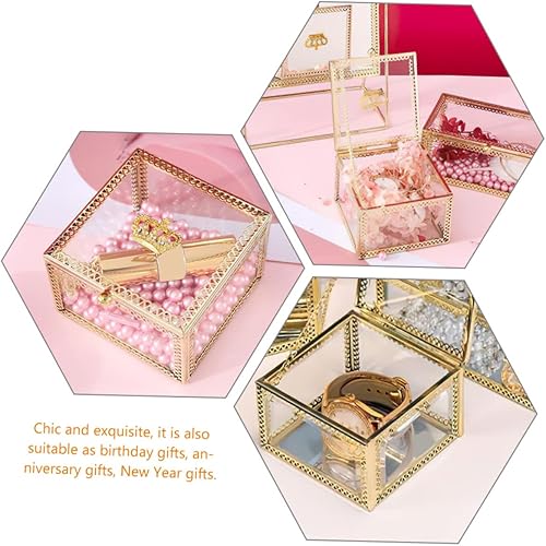Miniatura 7 de Amosfun Caja de joyería de vidrio Contenedor transparente Decoración retro Decoración dorada vitrina de cristal de joyería vitrina preservada Flor