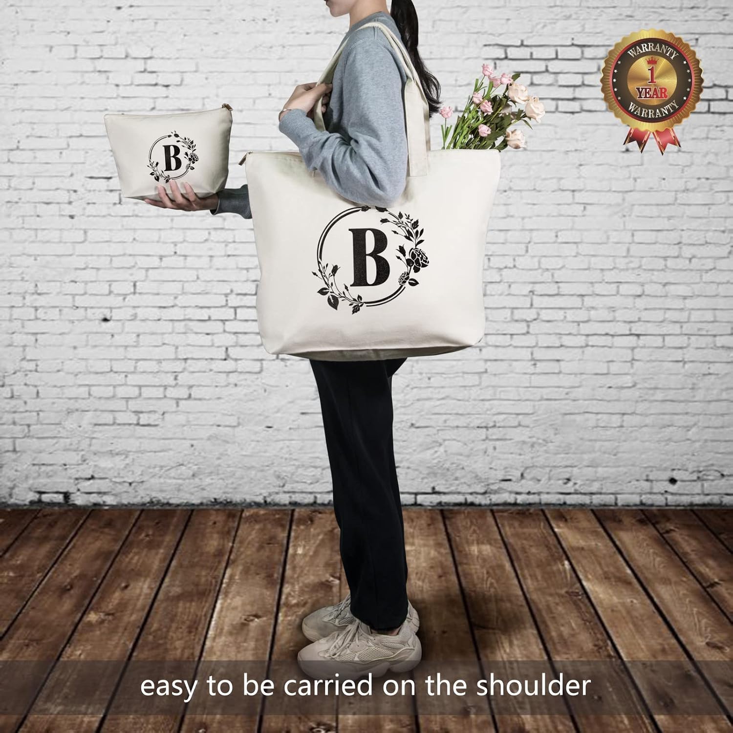 TOPDesign Initial Canvas Tote Bag, Personalized Present Bag, Suitable for Wedding, Birthday, Beach, Holiday, is a Great Gift for Women, Mom, Teachers, Friends, Bridesmaids (Letter B)
