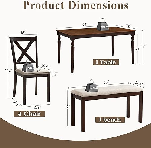 Miniatura 2 de Juego de mesa de comedor de madera maciza de 6 piezas, silla tapizada con asiento de banco, asientos para 6 personas, juego de sillas de cocina