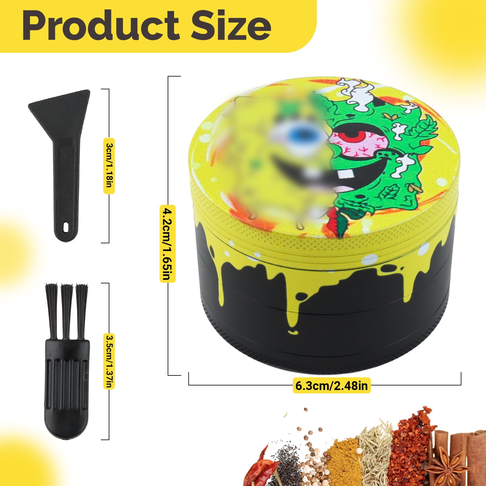Grinder duża kruszarka 63 mm młynek do przypraw ze skrobakiem i plastikową szczotką szlifierki 4 warstwy żółty design kreskówka młynek do pyłków metal 4-częściowy zestaw do przypraw