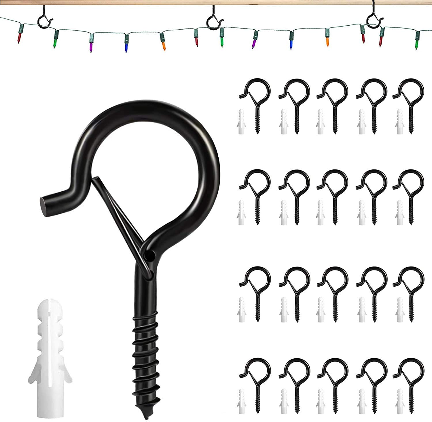 JUNBEI Pack of 20 Q-Hanger, 40lb Capacity Heavy Duty Screw-in Hooks with Windproof Safety Buckle Design, Rust-Resistant Outdoor Light Clips Ceiling Hooks for Outdoor String Lights Wire Hanging Plants