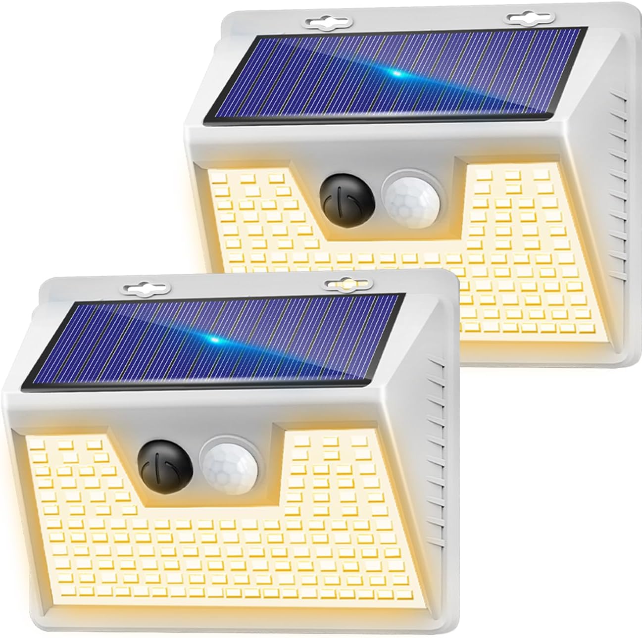 Solar Lights Outdoor 2 Pack, 140LED/3 Modes Motion Sensor Lights Solar Powered, Wireless IP65 Waterproof Solar Wall Lights Outdoor Lights, Bright for Deck Fence Patio Front Door, Warm Light (White)
