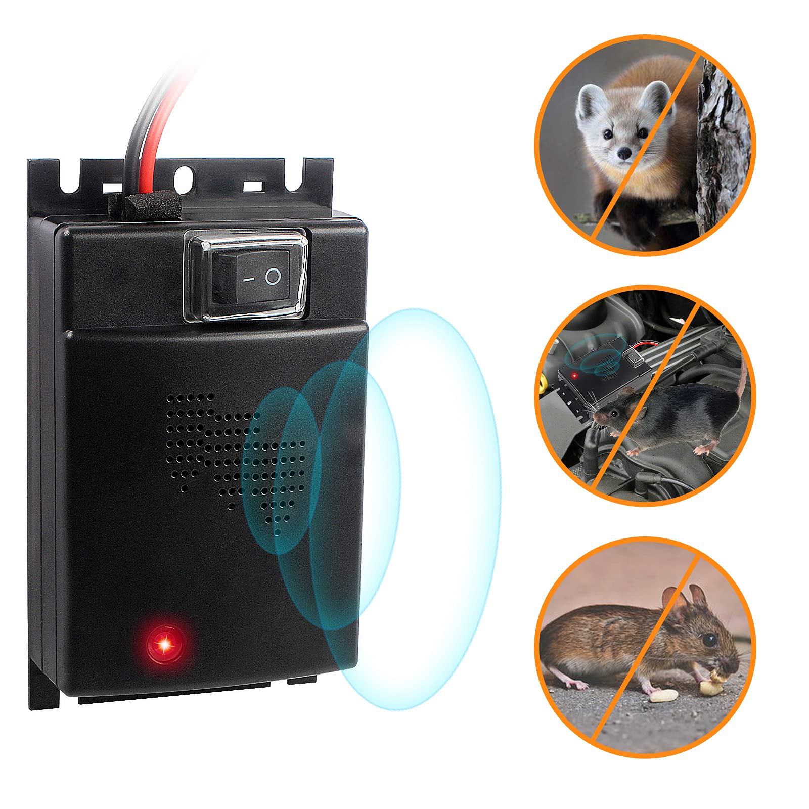 Marderschreck Auto 12V Motorraum, Marderschutz mit 24kHz Ultraschall, Elektronische Mäuseabwehr, Smart Start und Stop Marderabwehr für Garage Haus Lagerhaus Dachboden