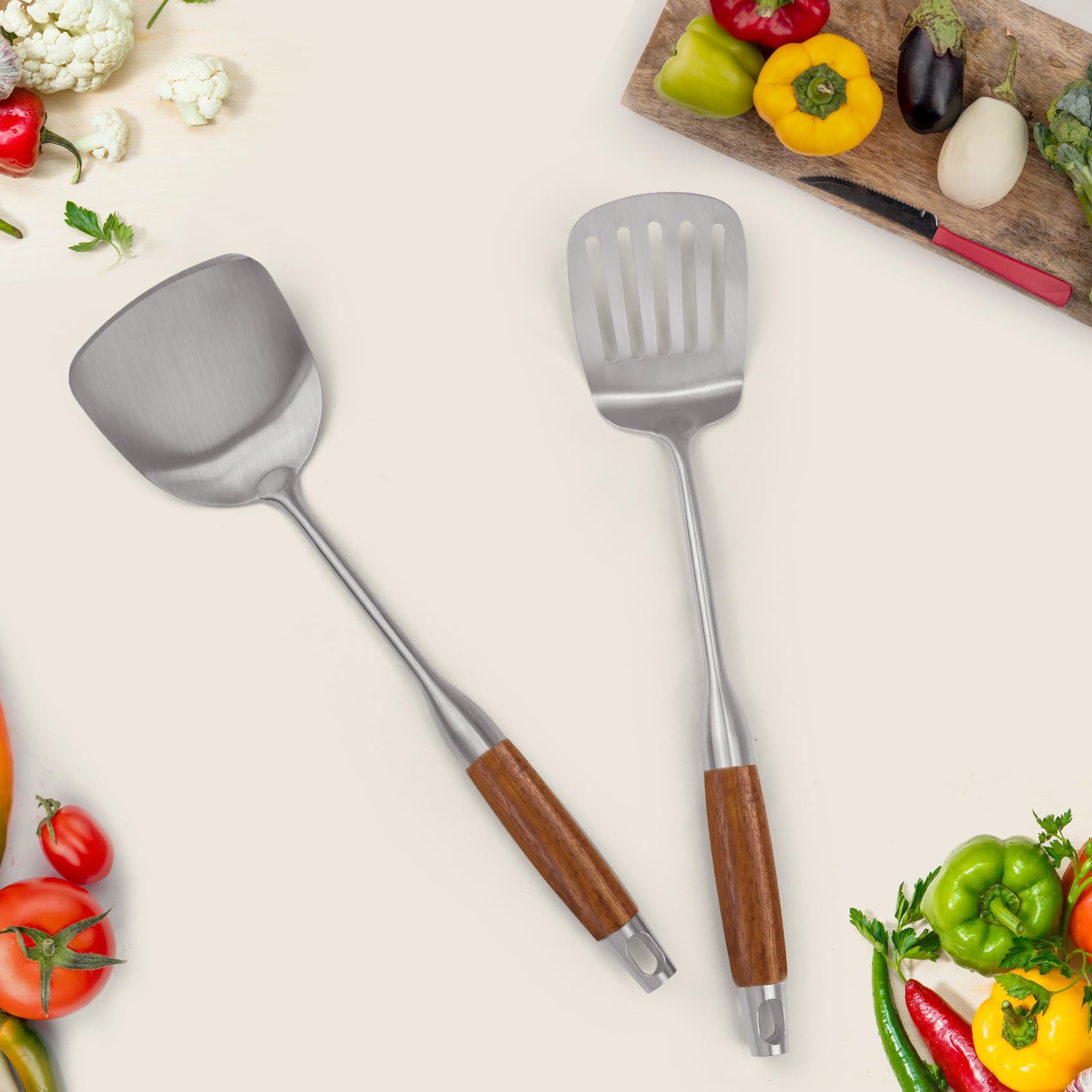 Küchenutensilien-Set aus 304 Edelstahl mit Holzgriff, 12-teiliges hitzebeständiges Metall-Kochutensilien-Set, Pfannenwender, Schöpflöffel, Skimmer, Spaghetti-Löffel, Zange, Kartoffelstampfer