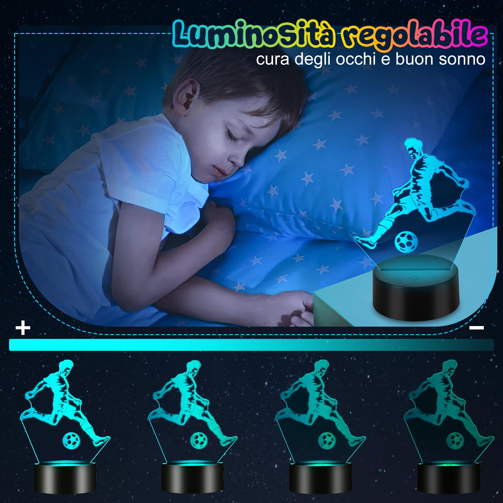 Lampada a illusione ottica a tema calcio per bambini e ragazzi, 16 colori modulabili, luce notturna 3D, decorazione per la cameretta dei bambini, regalo di compleanno per gli appassionati di calcio