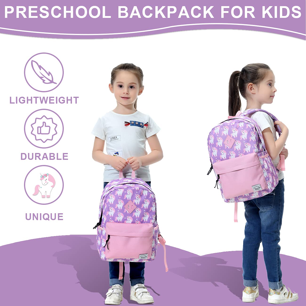VASCHY Mochila escolar para niños y niñas - Mochila infantil - Mochila de jardín de infantes con hebilla de pecho, Unicornio-pequeño, Taille unique, Lindo