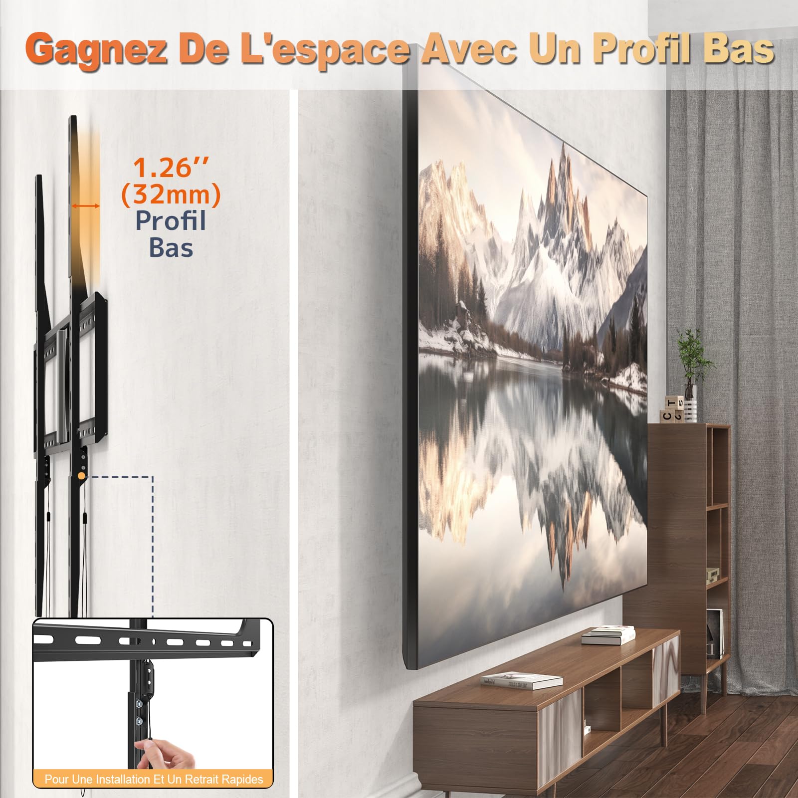 Support Mural Universel Ultra Fin pour téléviseurs de 37 à 140 Pouces, Jusqu'à 125 kg, VESA Max 1200 x 800, Noir