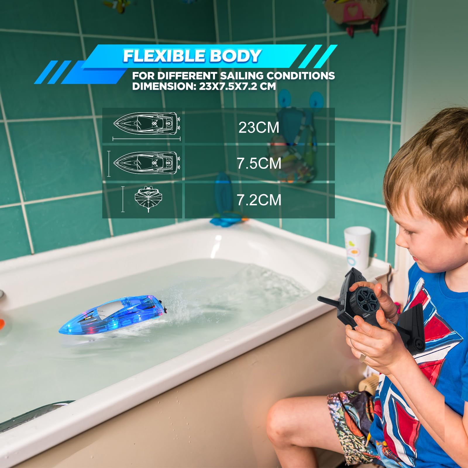 2Pack LED Light RC Boat Remote Control Pool Water Toys for Kids Ages 8-12 Adults Lakes Bathtub Toy with Whole Body Waterproof,Low Battery Alarm,2.4Ghz,Control Range 50M,Rechargeable Battery