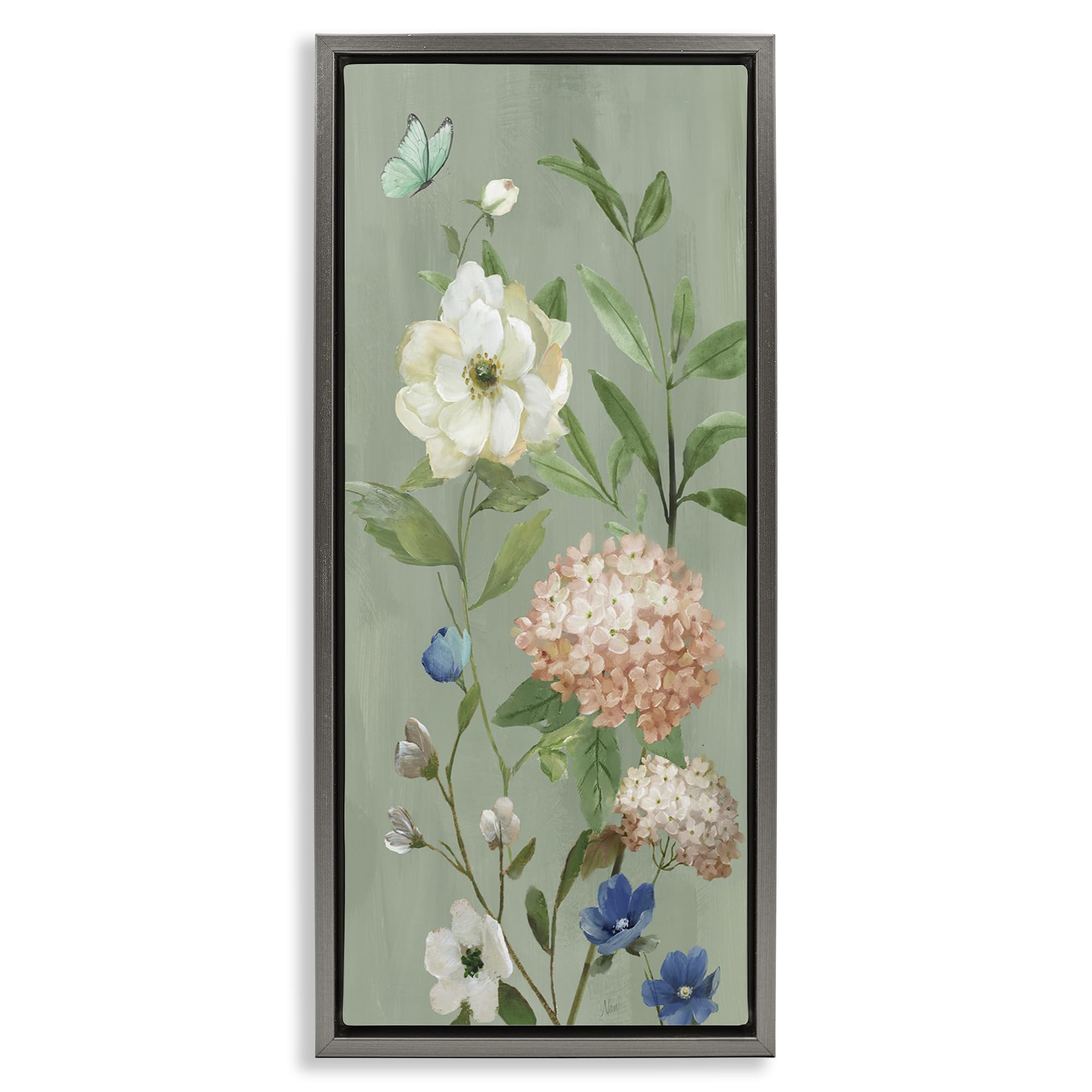 Stupell Industries 'Mint Floral Cluster & Butterfly', Floating Frame Canvas Art, Gray, 11 x 25 Inches, Easy to Hang and Sturdy, Made in USA, by Nan