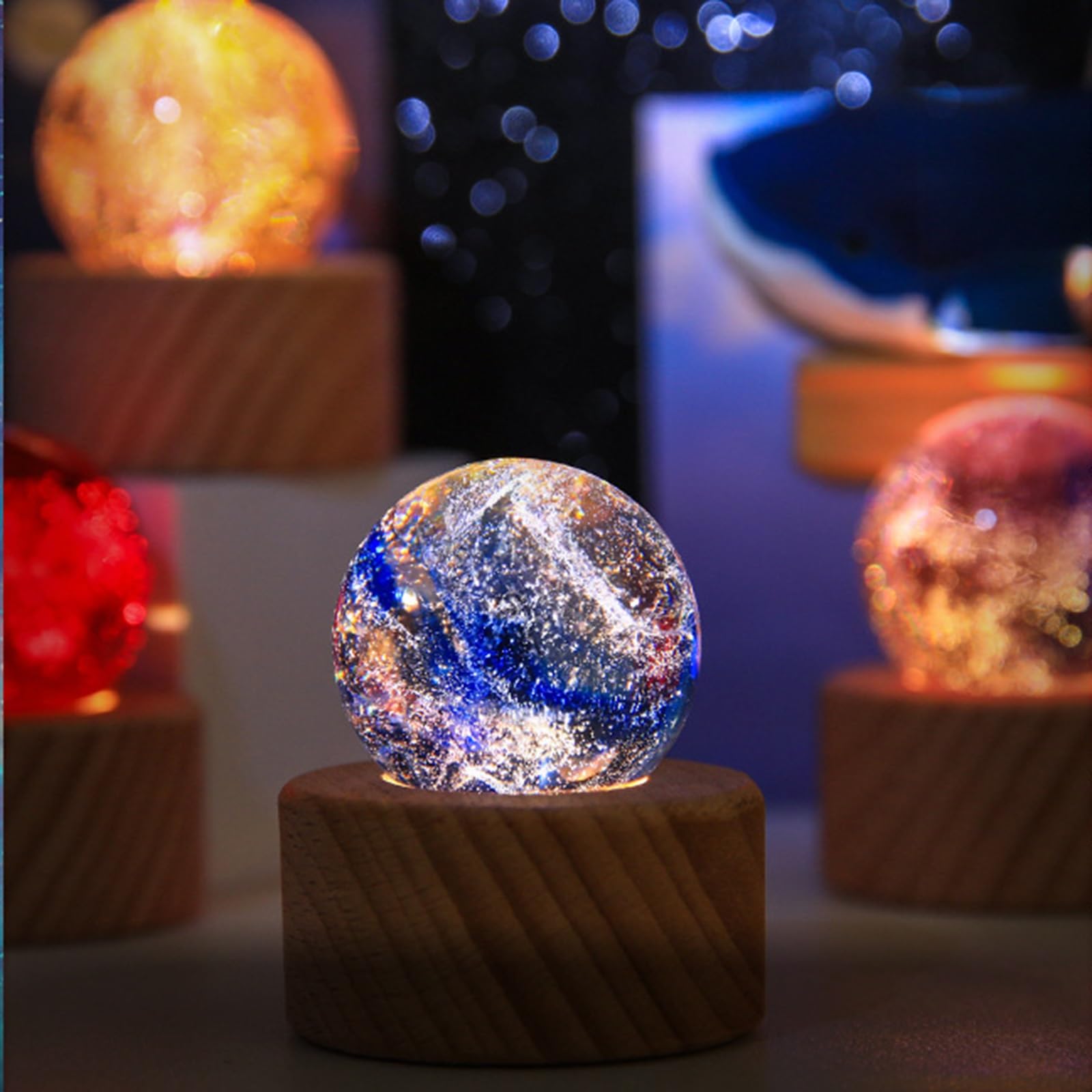 Lampada da Notte a Sfera di Cristallo con Sistema Solare 7 Colori Che cambiano Modello di Luna con Base in Legno Regalo Spaziale for Bambini