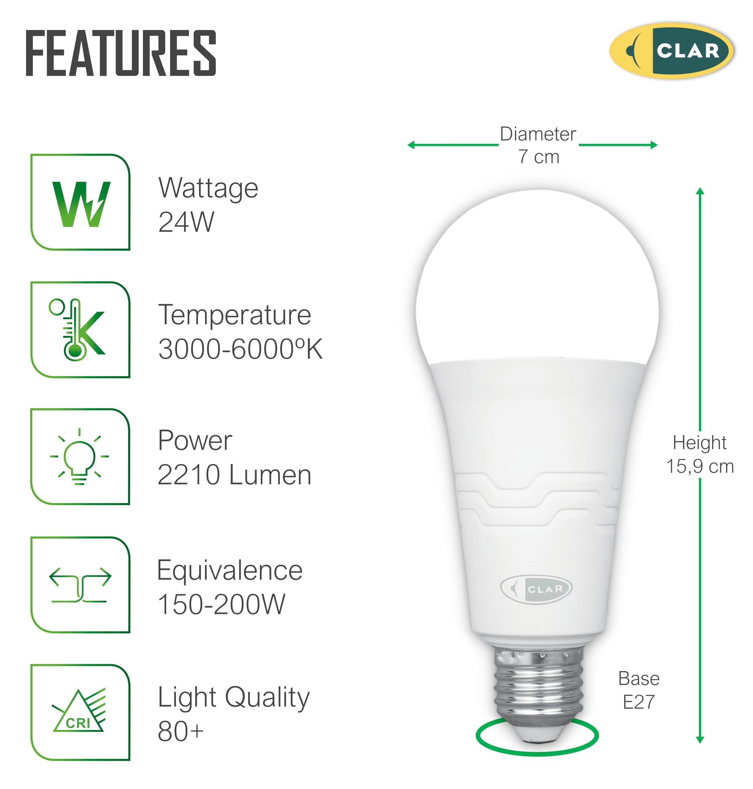 CLAR - LED Birne E27 Extra Hell 24W, Kaltweiß, Ersatz für 200W/150W, Helle Glühbirne (Pack 20)