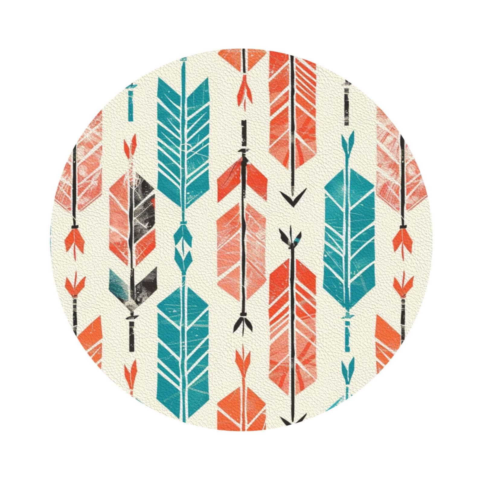 Coral and Teal Arrows Print Leather Coaster Set of 6, Round Shape Coasters Table Decorative Coffee Cup Beverage Coasters Wine Beer Bar Coasters for Hot Drinks Table Protection