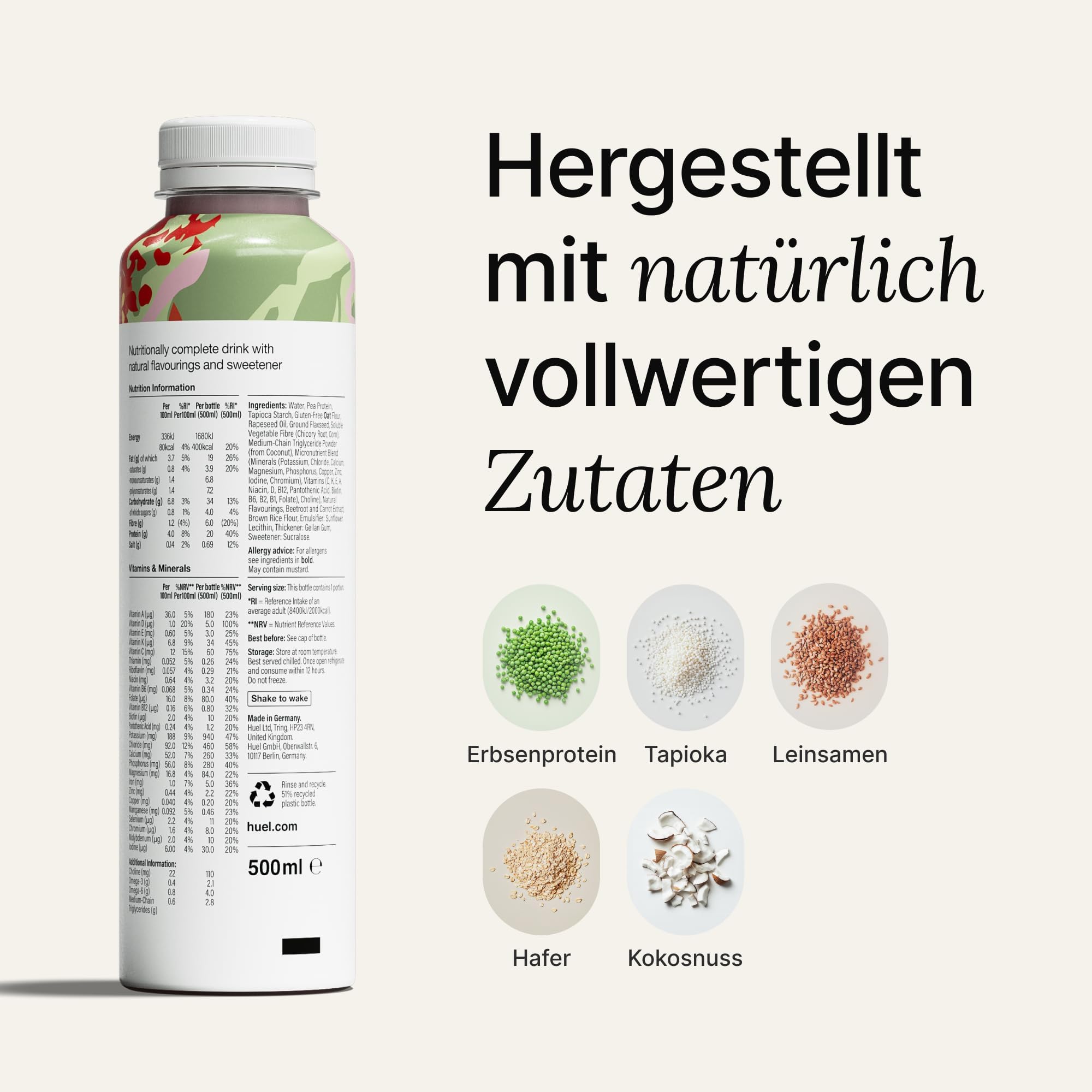 Huel Drink Berry, fertige Trinkmahlzeit für unterwegs - 8 x 500 ml - 20 g Protein, Reich an Vitaminen, Mineralstoffen & Ballaststoffen, Plant-based, Geschmack Beere, inkl. 2 € Pfand