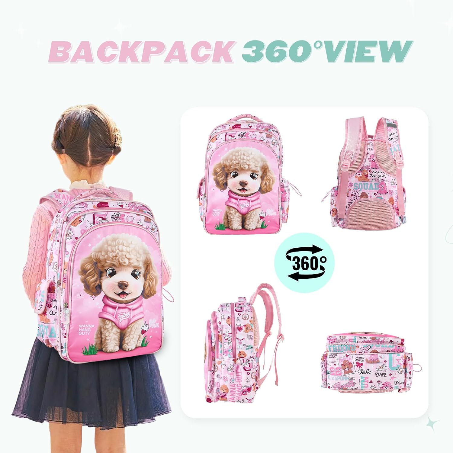 KidsPUNK Girls Backpack Kids Backpacks for Girls Cute Teddy Dog Backpack Kawaii Backpack for Preschool Elementary Kindergarten,Light Pink Color,Large Capacity,16 Inch