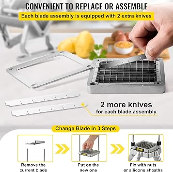 VEVOR Replacement Chopper Blade, 1/2 inch, 3 PCS French Fry Blade Assembly with 6 Extra Knives, Stainless Steel Dicer Parts and Push Block for Cutting Potatoes Carrots Onions Cucumbers Mushrooms